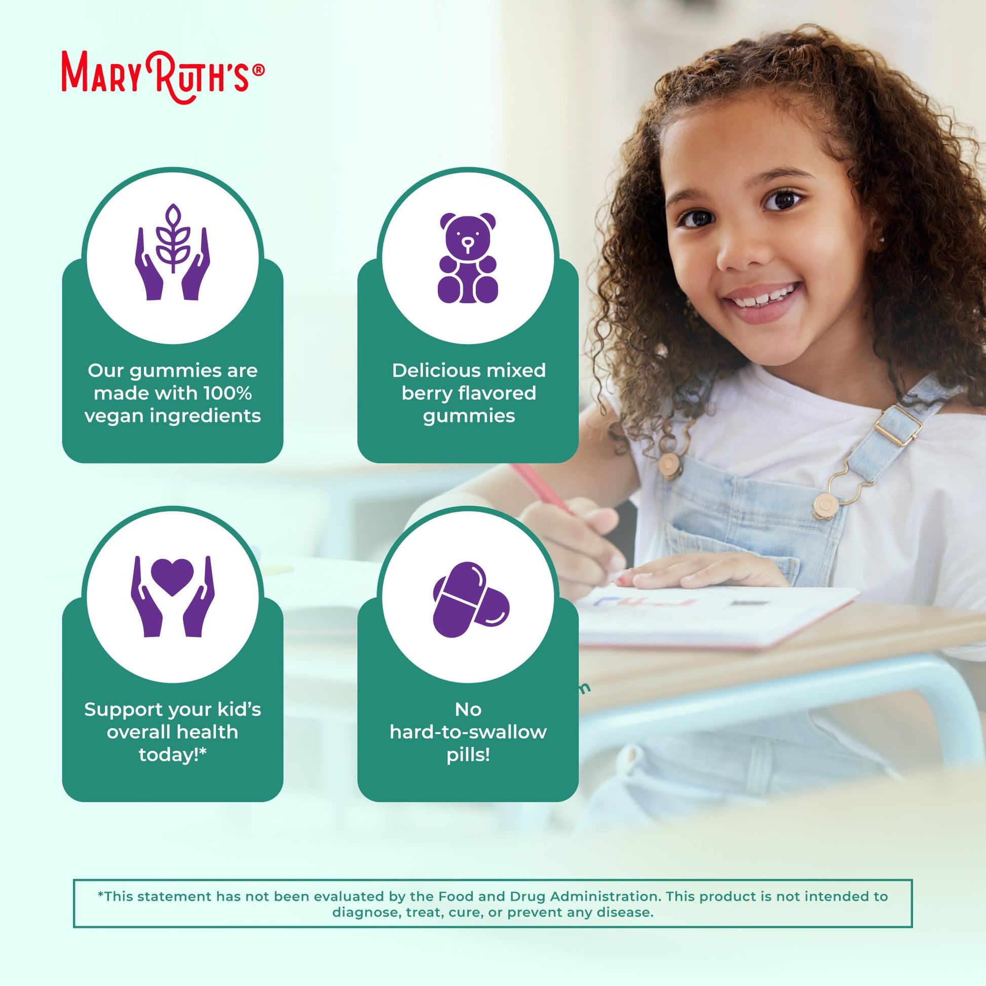 MaryRuth Organics kids dietary supplement ingredients and allergen free information panel