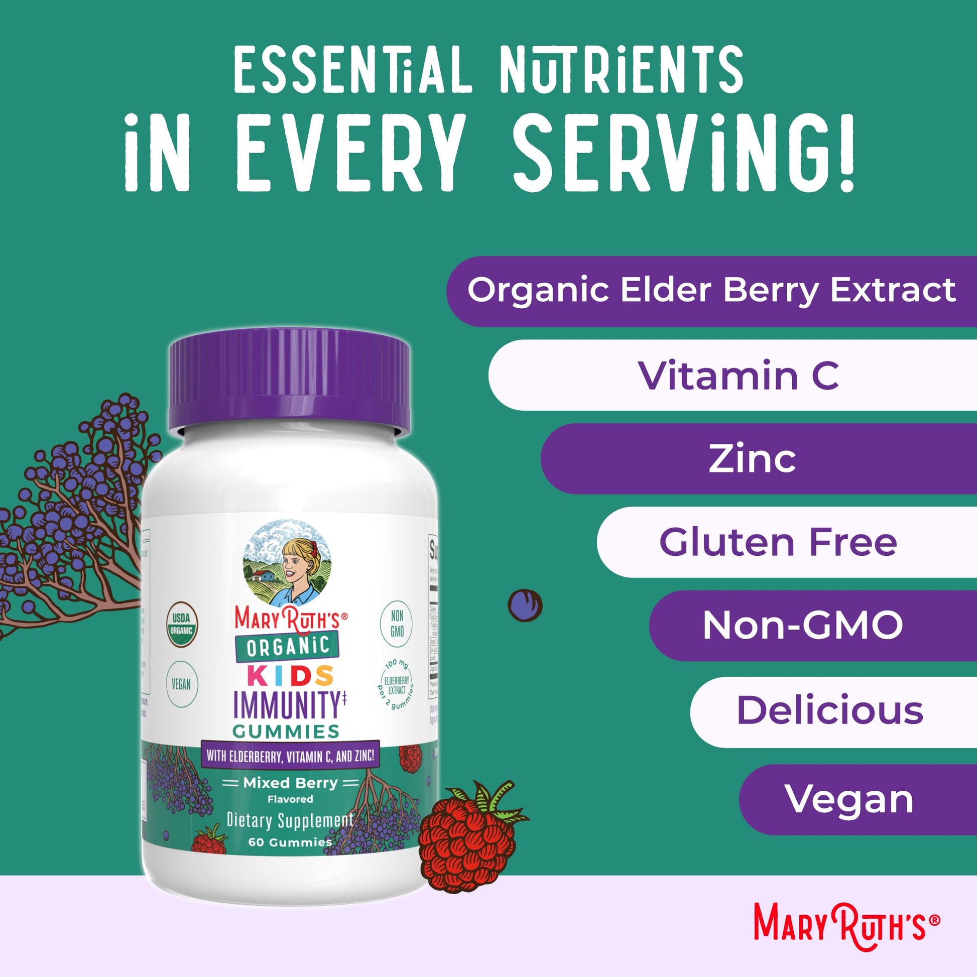 Back label displaying suggested use instructions for kids black elderberry chewables