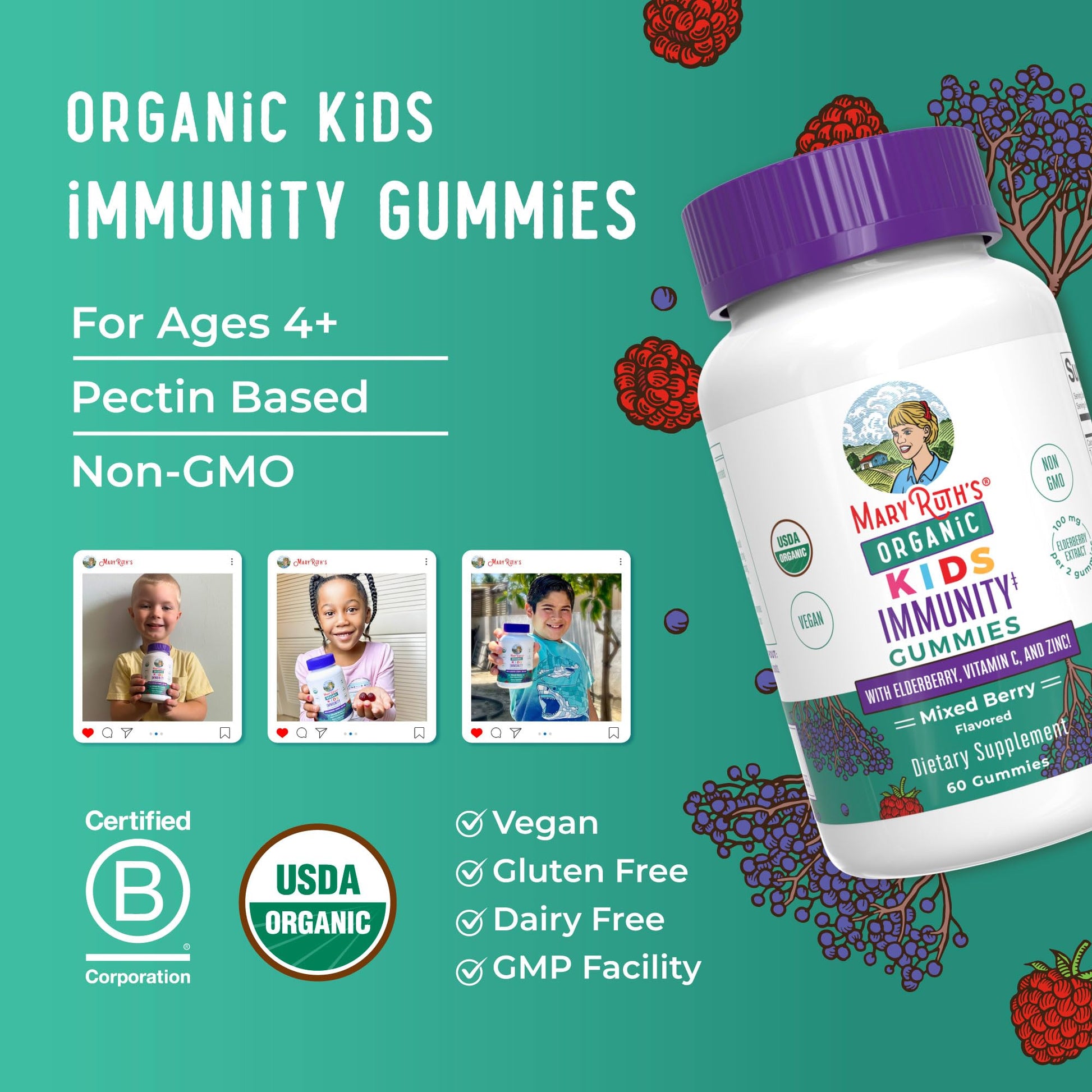 Authentic imported MaryRuth Organics kids wellness bottle showing sixty count size details