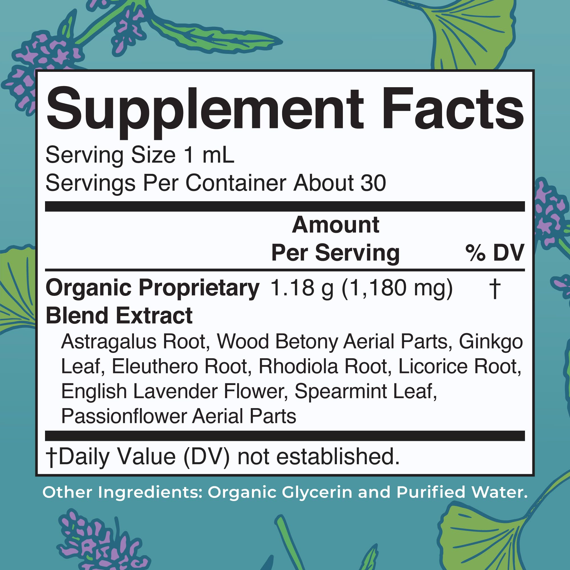 MaryRuth Organics liquid focus supplement bottle highlighting the premium adaptogenic ingredients list