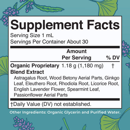 MaryRuth Organics liquid focus supplement bottle highlighting the premium adaptogenic ingredients list