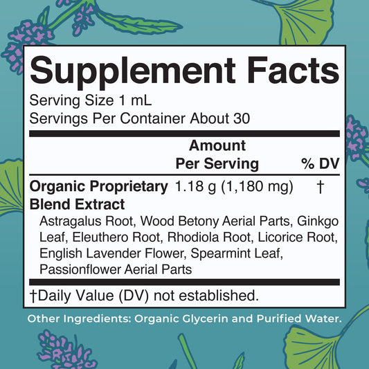 MaryRuth Organics liquid focus supplement bottle highlighting the premium adaptogenic ingredients list