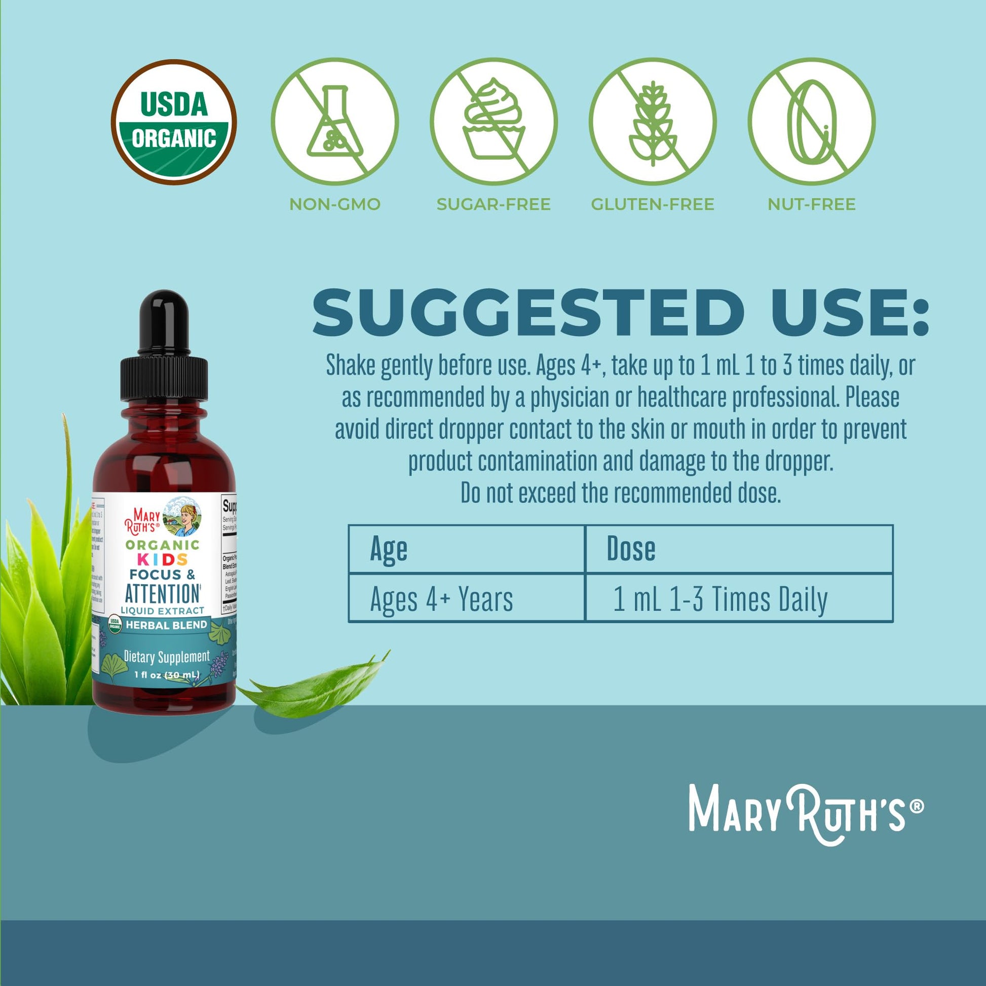 Side angle of MaryRuth Organics attention drops displaying the USDA Organic and vegan seals