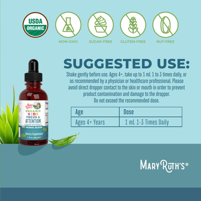 Side angle of MaryRuth Organics attention drops displaying the USDA Organic and vegan seals