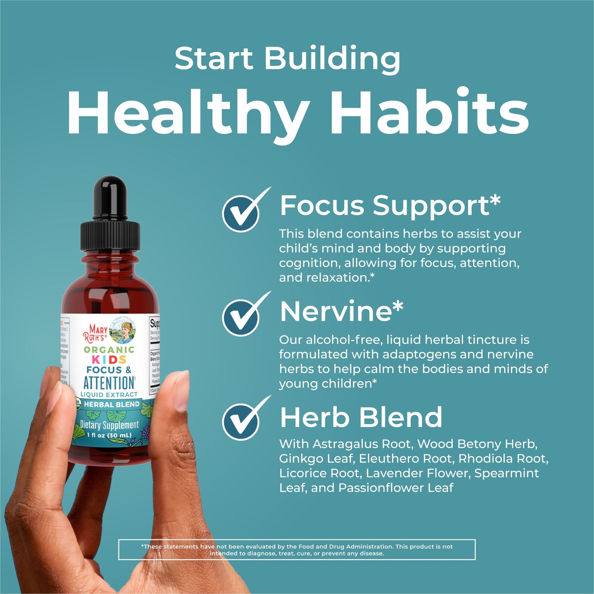 Back label of MaryRuth Organics herbal brain support drops showing dosage instructions for children