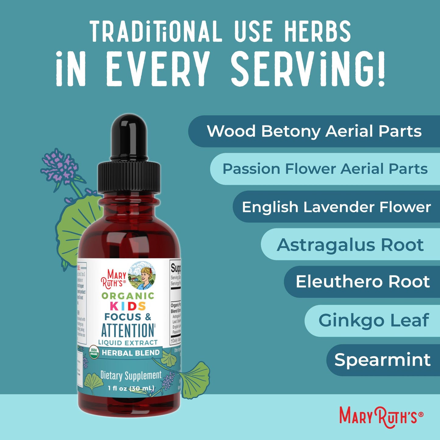 Close up of the unflavored MaryRuth Organics kids wellness liquid formula details