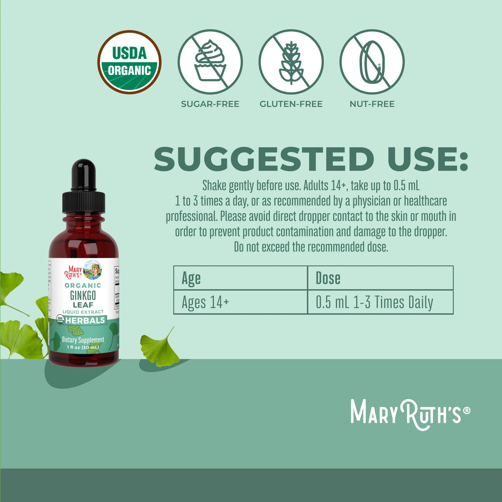 Back label of MaryRuth Organics Ginkgo Leaf drops with organic ingredients list