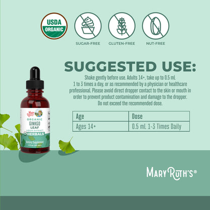 Back label of MaryRuth Organics Ginkgo Leaf drops with organic ingredients list