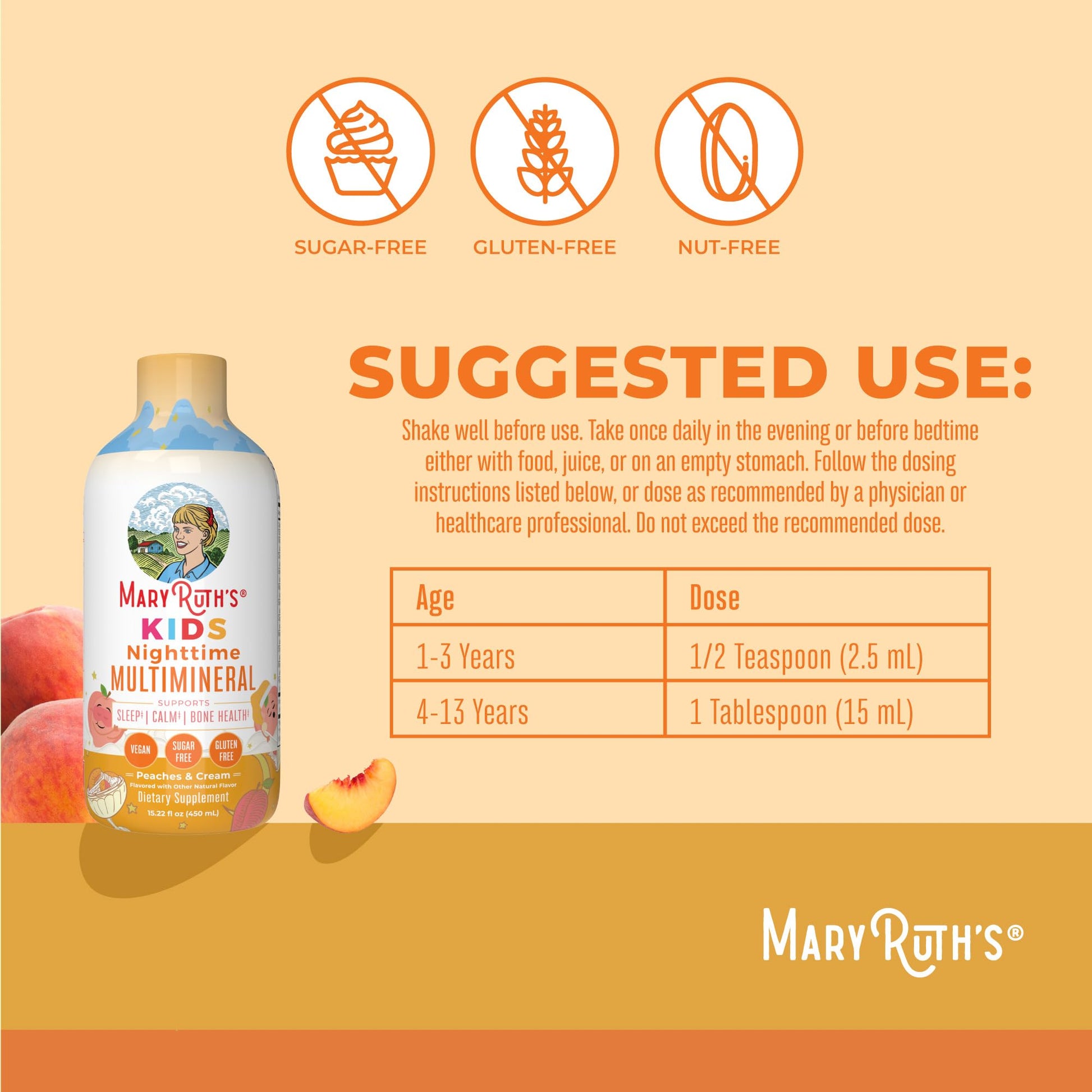 MaryRuth Organics kids nighttime multimineral peaches and cream liquid pour