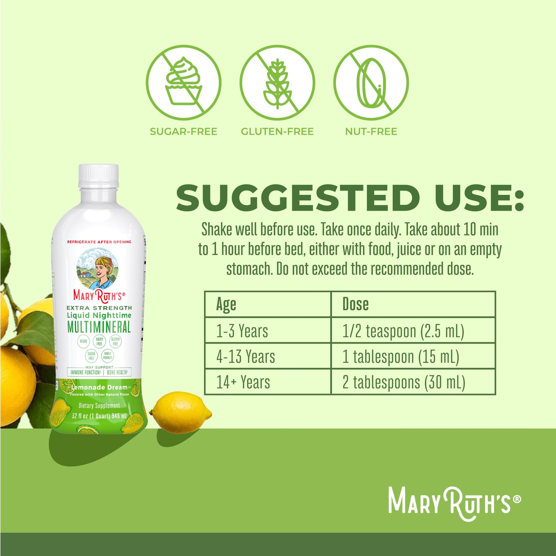 Back label of MaryRuth Organics Liquid Nighttime Multimineral highlighting the melatonin free formulation.