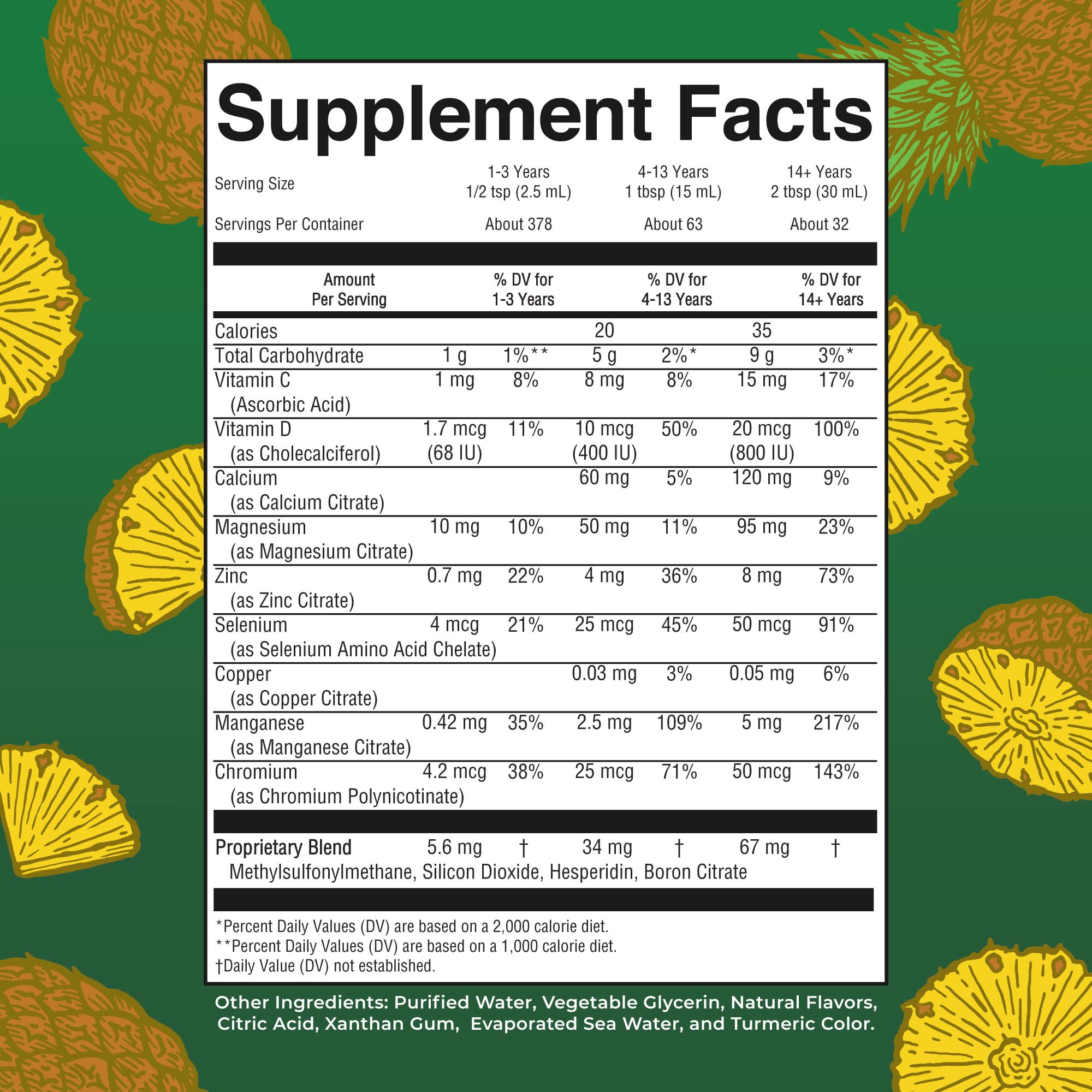 MaryRuth Organics liquid nighttime multimineral supplement nutritional facts panel closeup