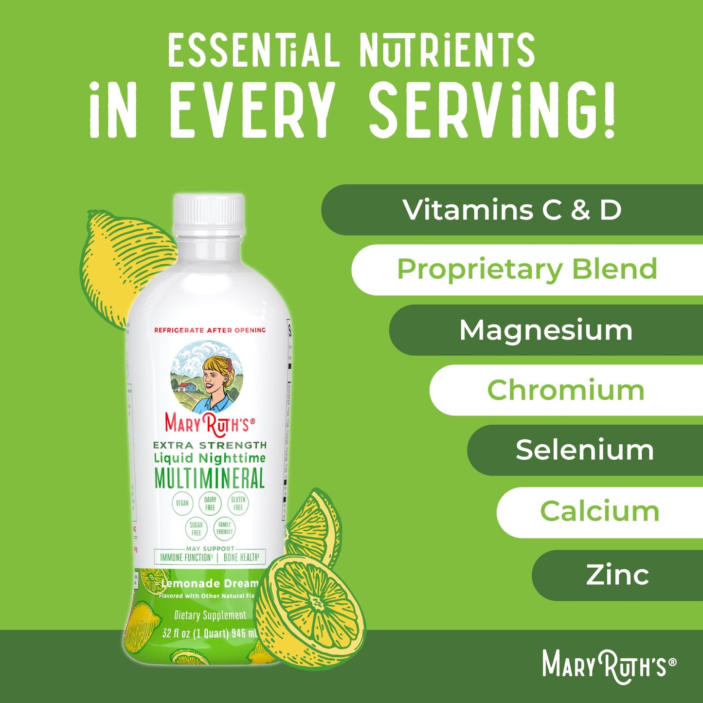 MaryRuth Organics Extra Strength Nighttime Multimineral box and bottle set showcasing thirty two servings.