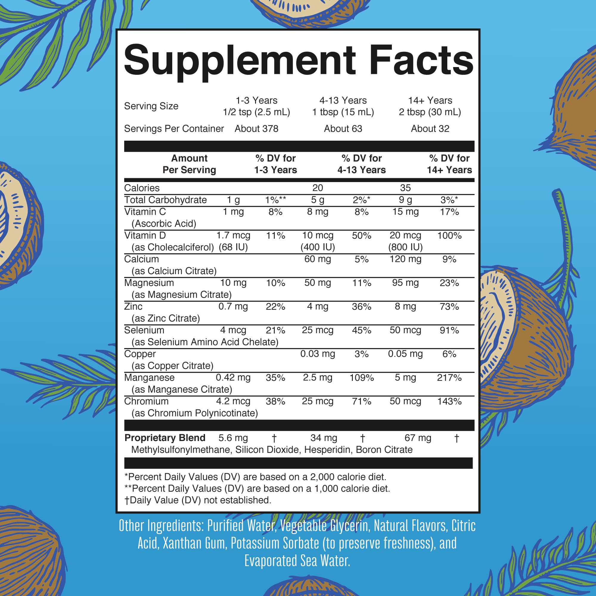 MaryRuth Organics Nighttime Multimineral Coconut Dream flavor ingredient nutrition label