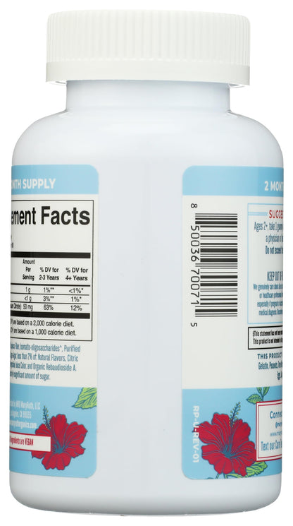 MaryRuth Organics Kids Magnesium Calm Gummies side label showcasing sugar free and vegan certification symbols