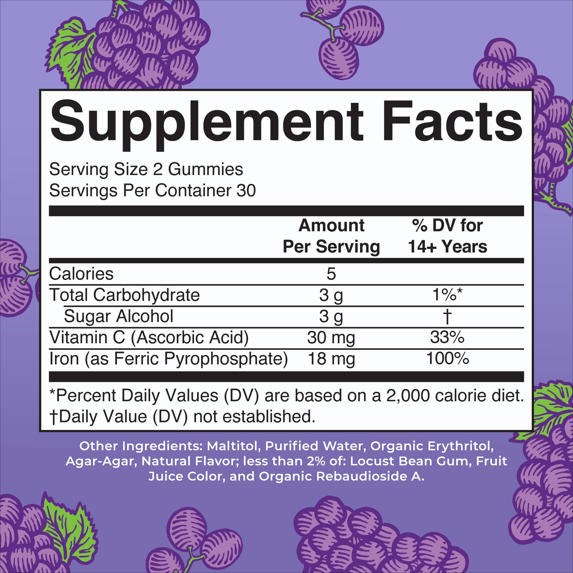 MaryRuth Organics Iron Sugar Free Gummies nutrition facts label