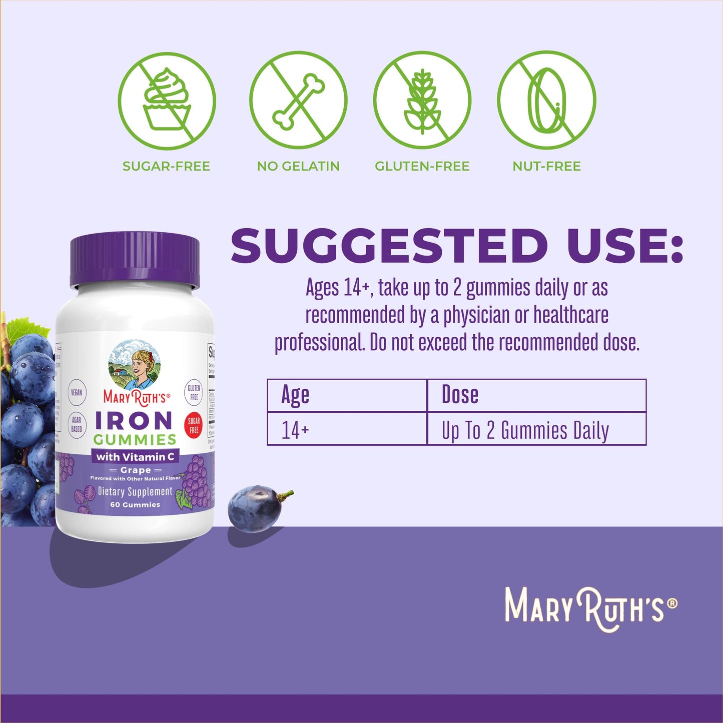 MaryRuth Organics Vegan Iron Supplement Grape flavored gummies close up
