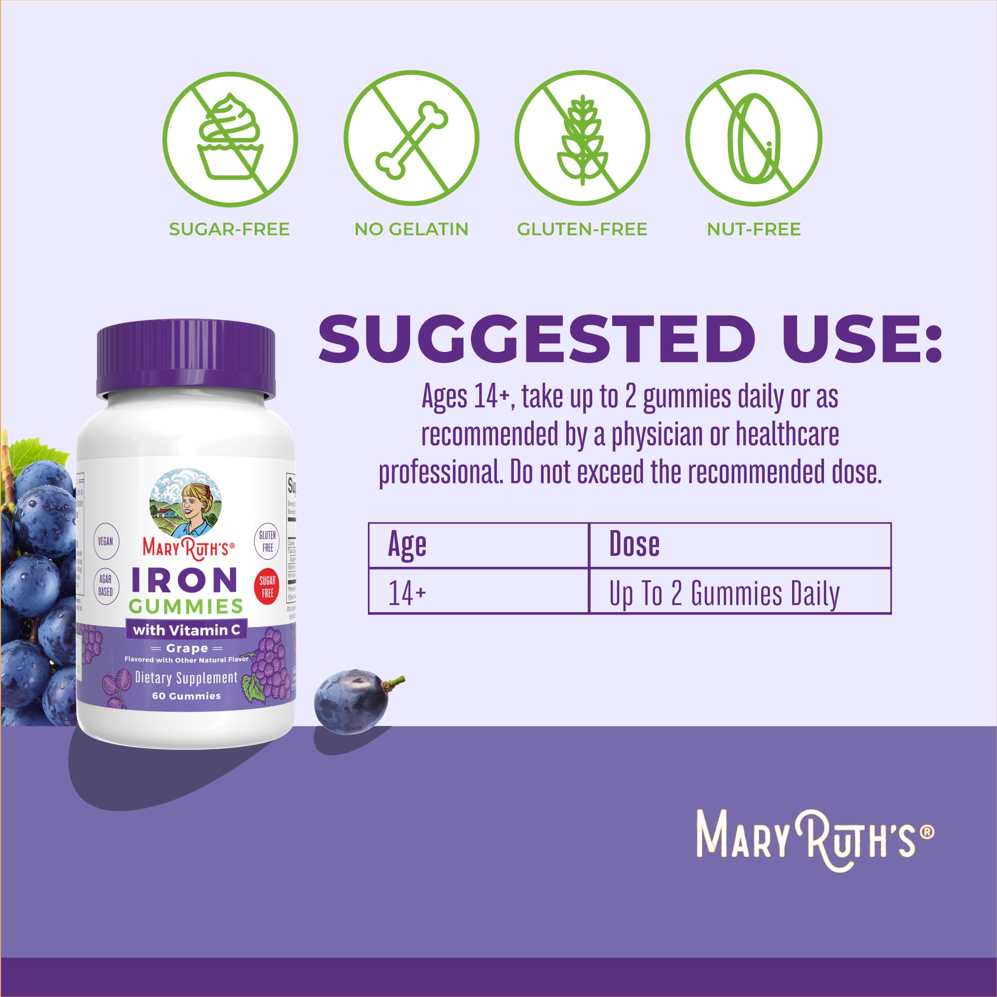 MaryRuth Organics Vegan Iron Supplement Grape flavored gummies close up