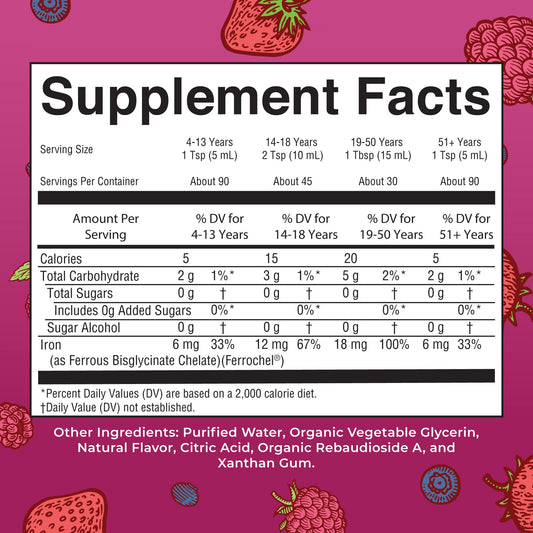 MaryRuth Organics Vegan Iron berry flavor liquid formulation nutritional facts label