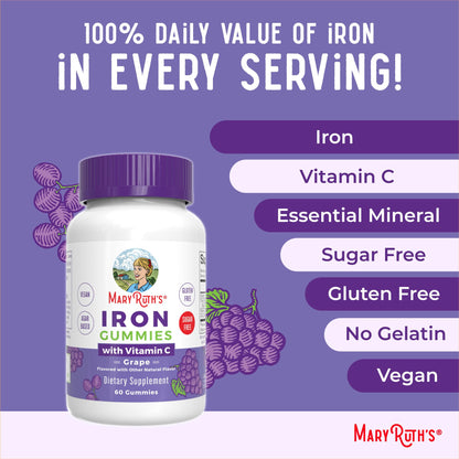 MaryRuth Organics Iron Gummy sixty count bottle side panel instructions