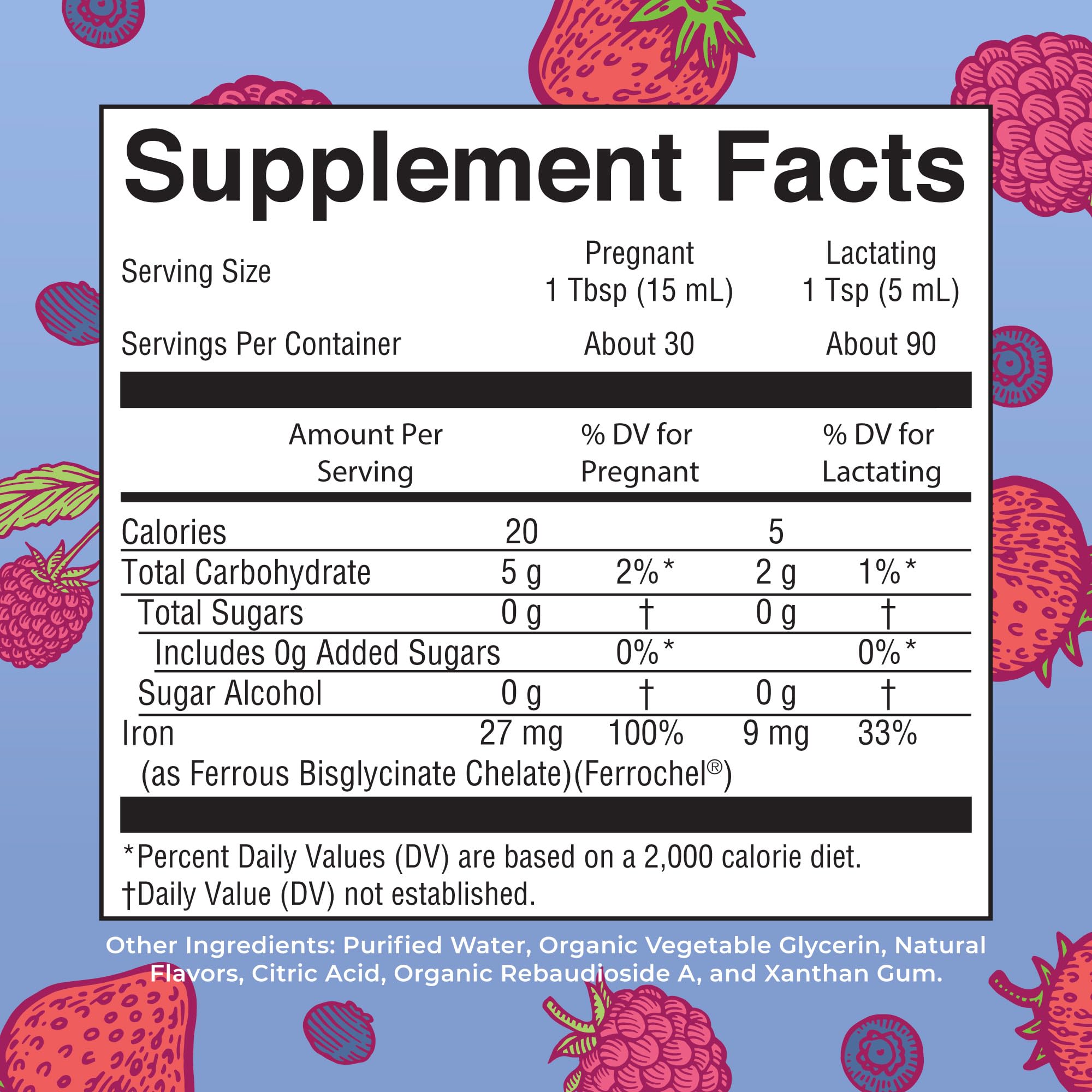 MaryRuth Organics Vegan Liquid Iron berry flavor supplement label details