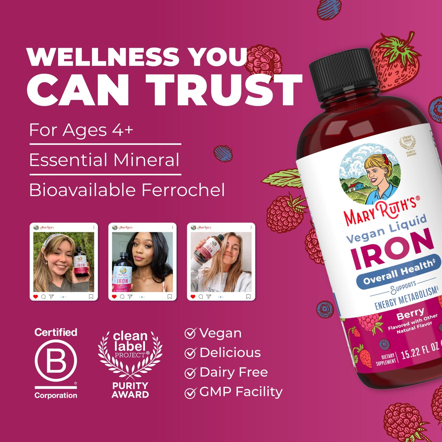 MaryRuth Organics liquid iron supplement 473 ml bottle showing dosage instructions