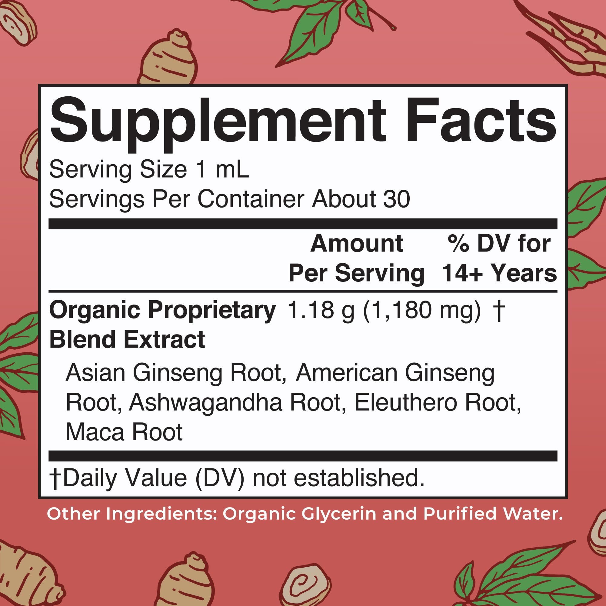 MaryRuth Organics Ginseng Vitality label showing organic ingredients