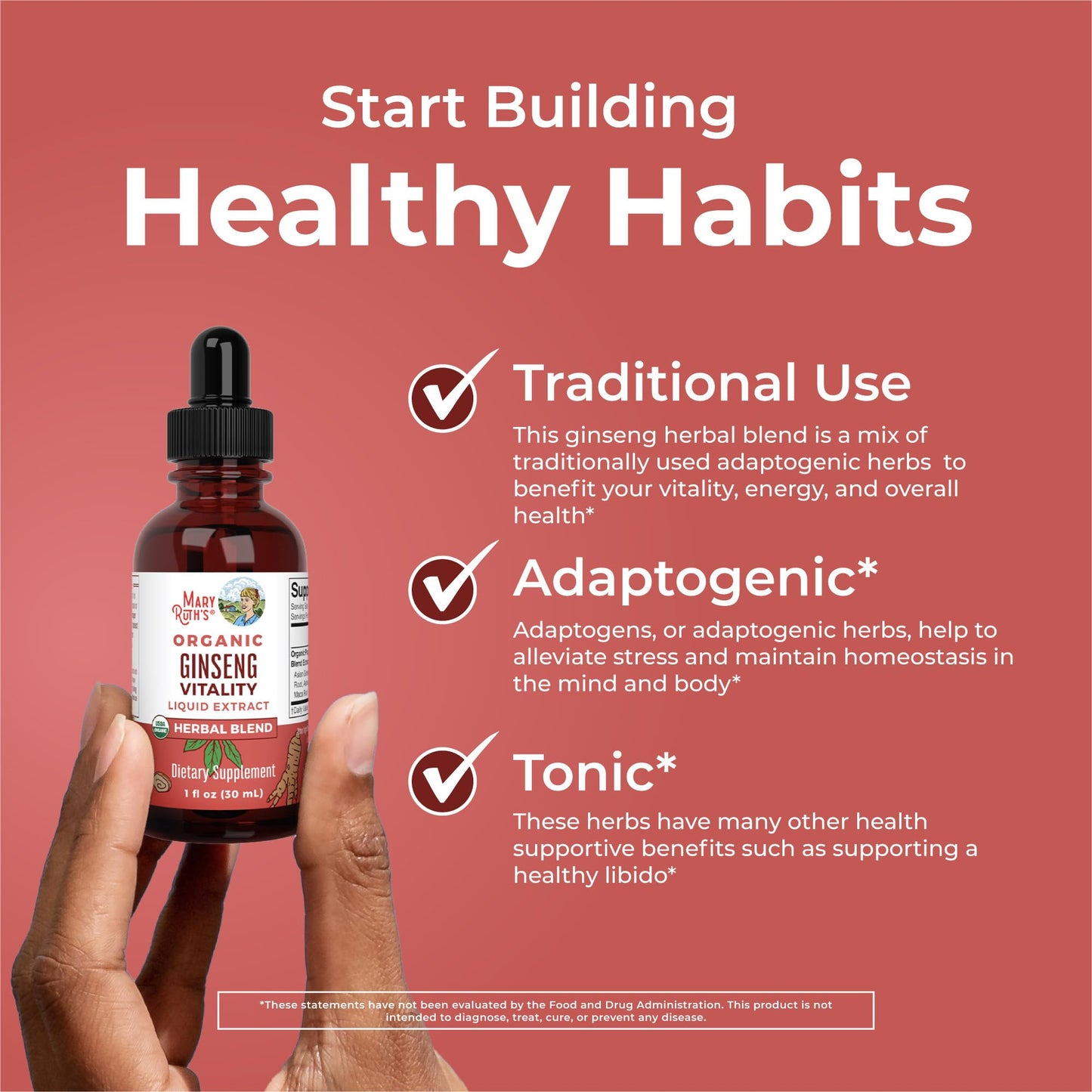 MaryRuth Organics herbal supplement bottle with supplement facts
