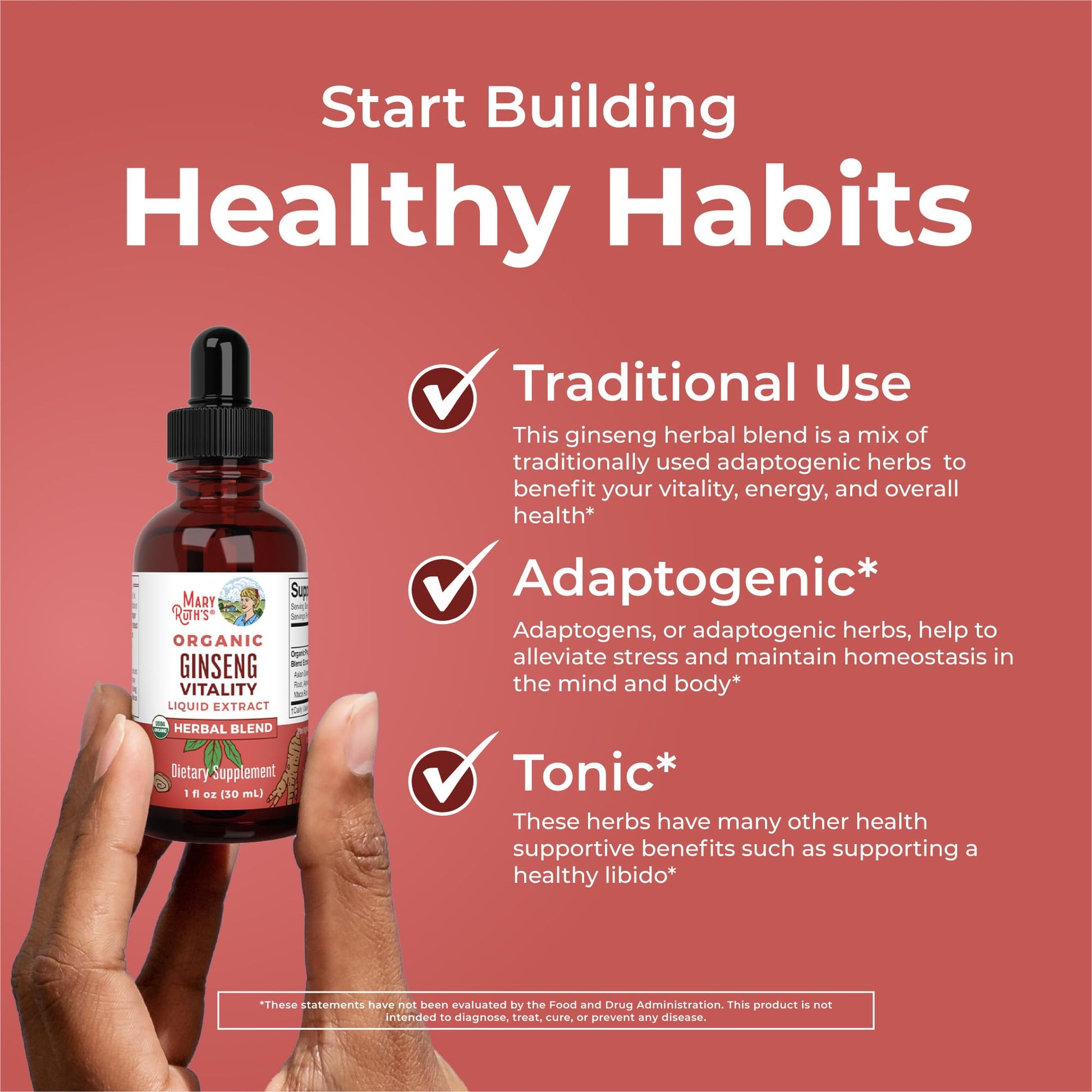 MaryRuth Organics herbal supplement bottle with supplement facts