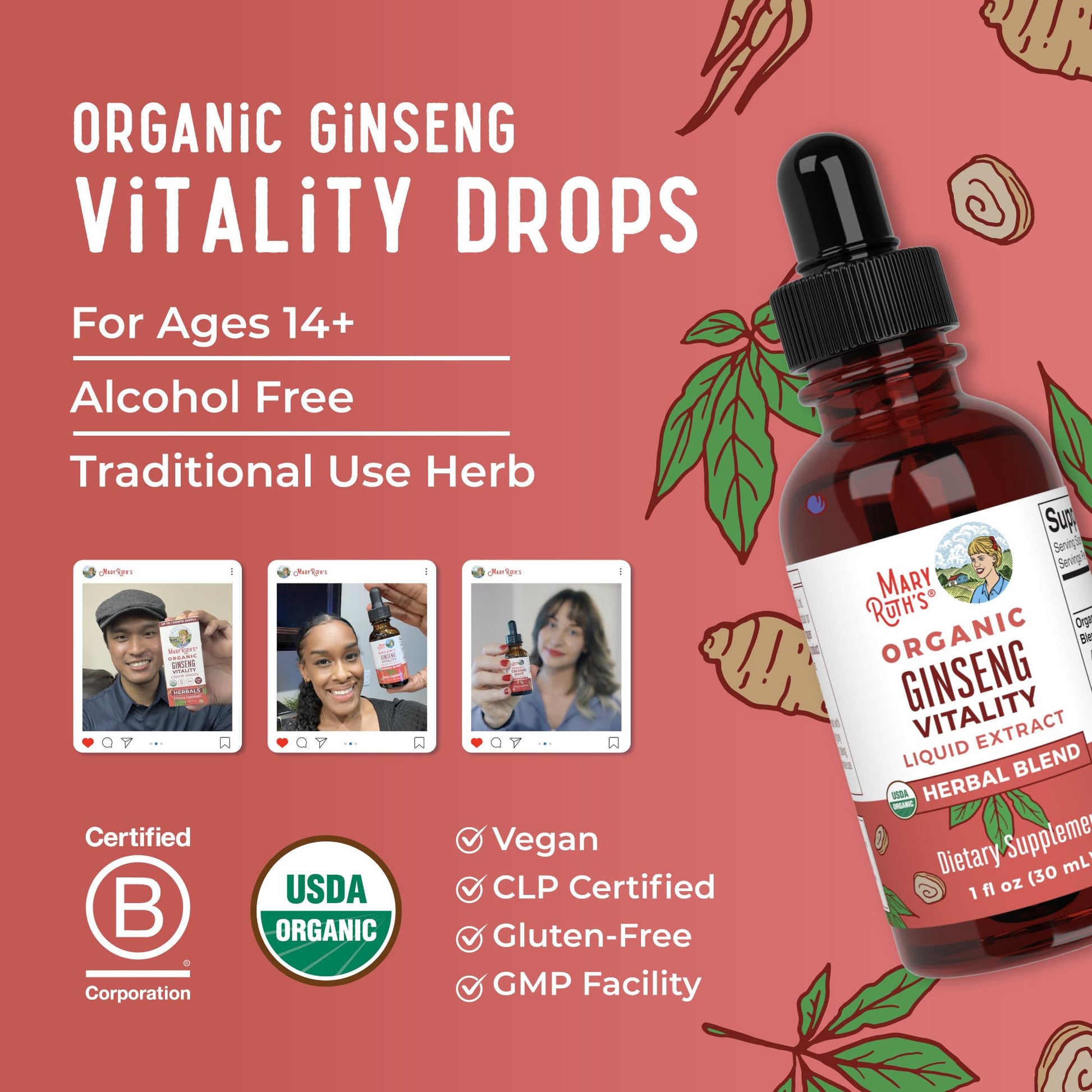 Ginseng Vitality liquid supplement bottle held in hand