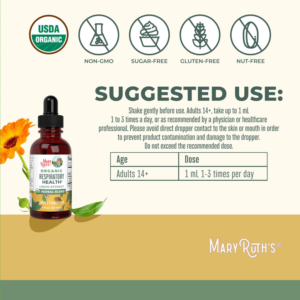 Close up of MaryRuth Organics liquid dropper bottle for respiratory health