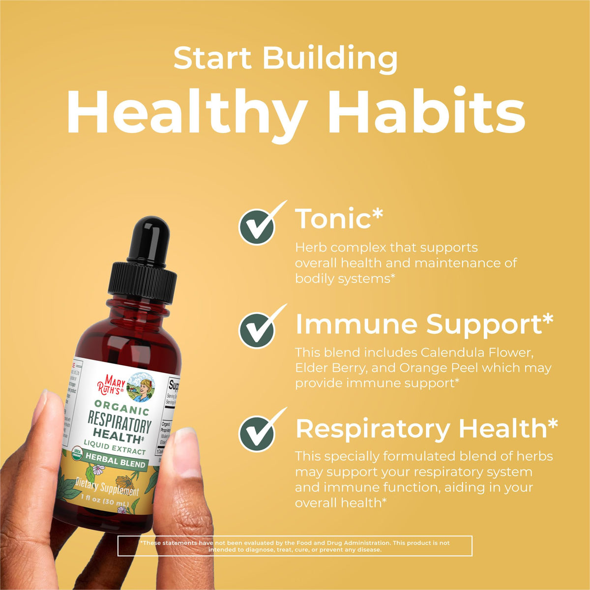 Top view of MaryRuth Organics respiratory health herbal tincture bottle
