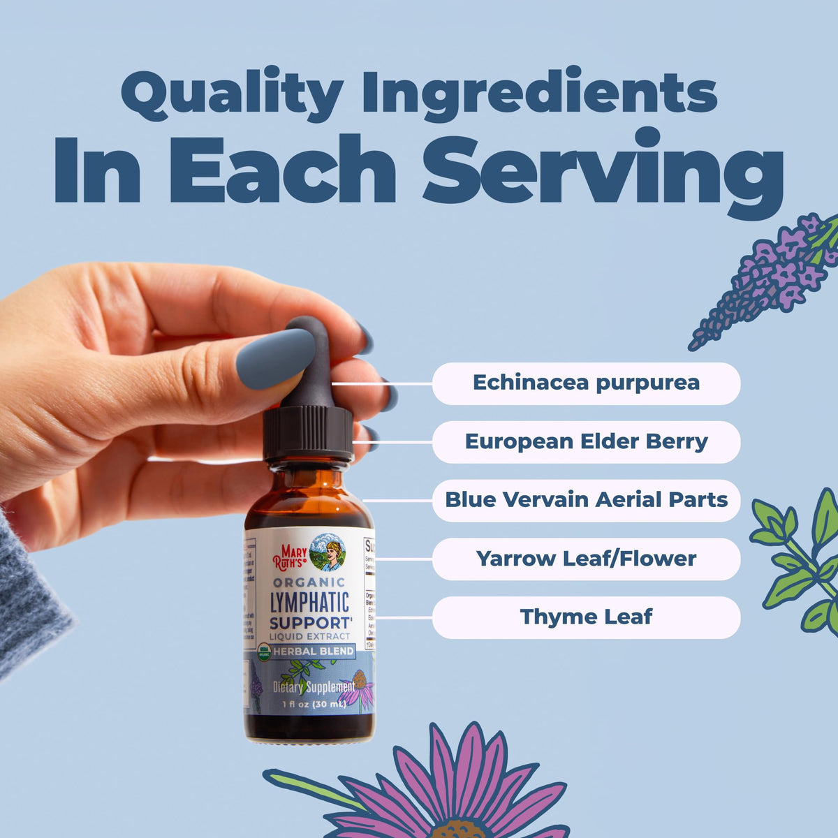 Close up of MaryRuth Lymphatic Support 1 fluid ounce bottle