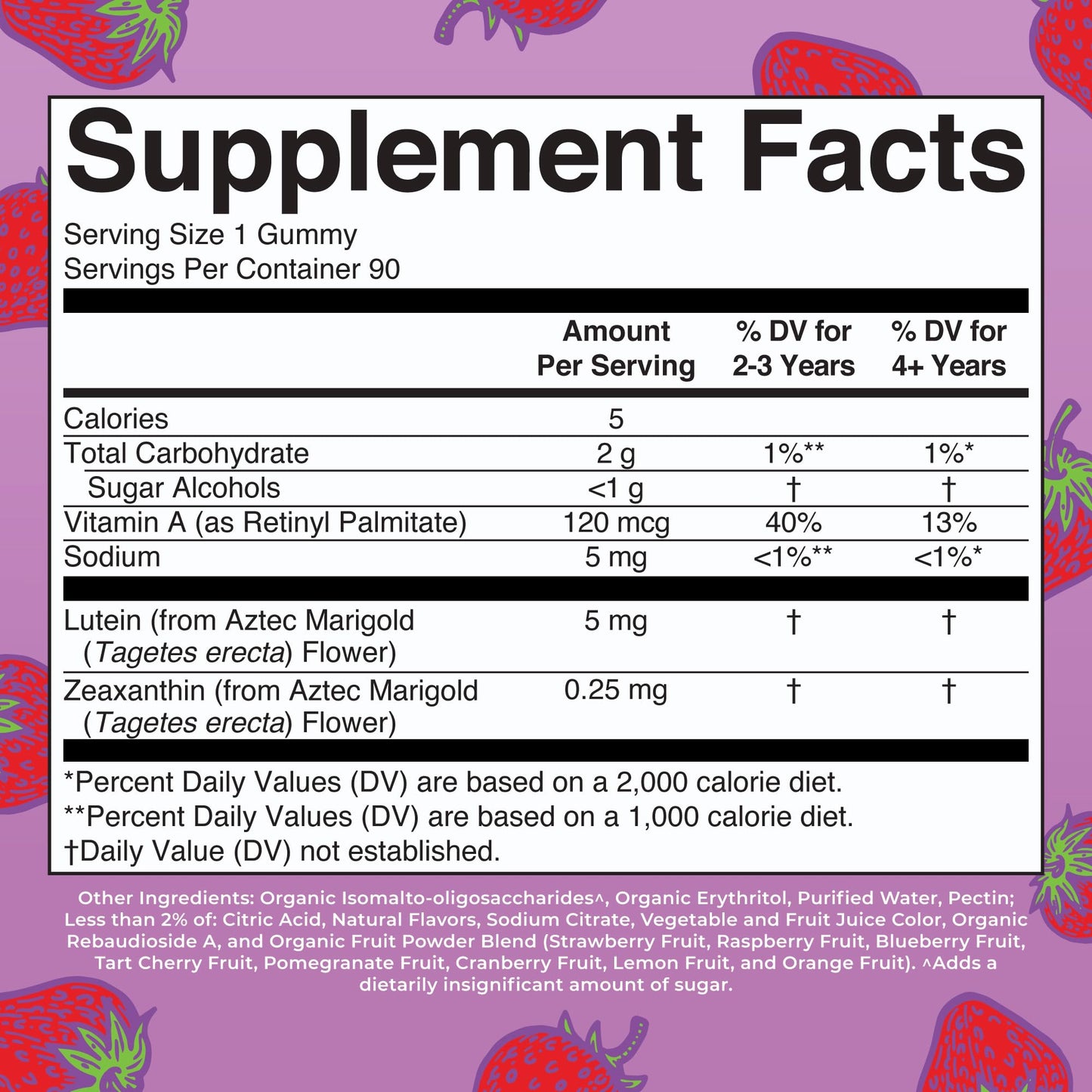 Strawberry flavored eye health gummies nutritional supplement bottle