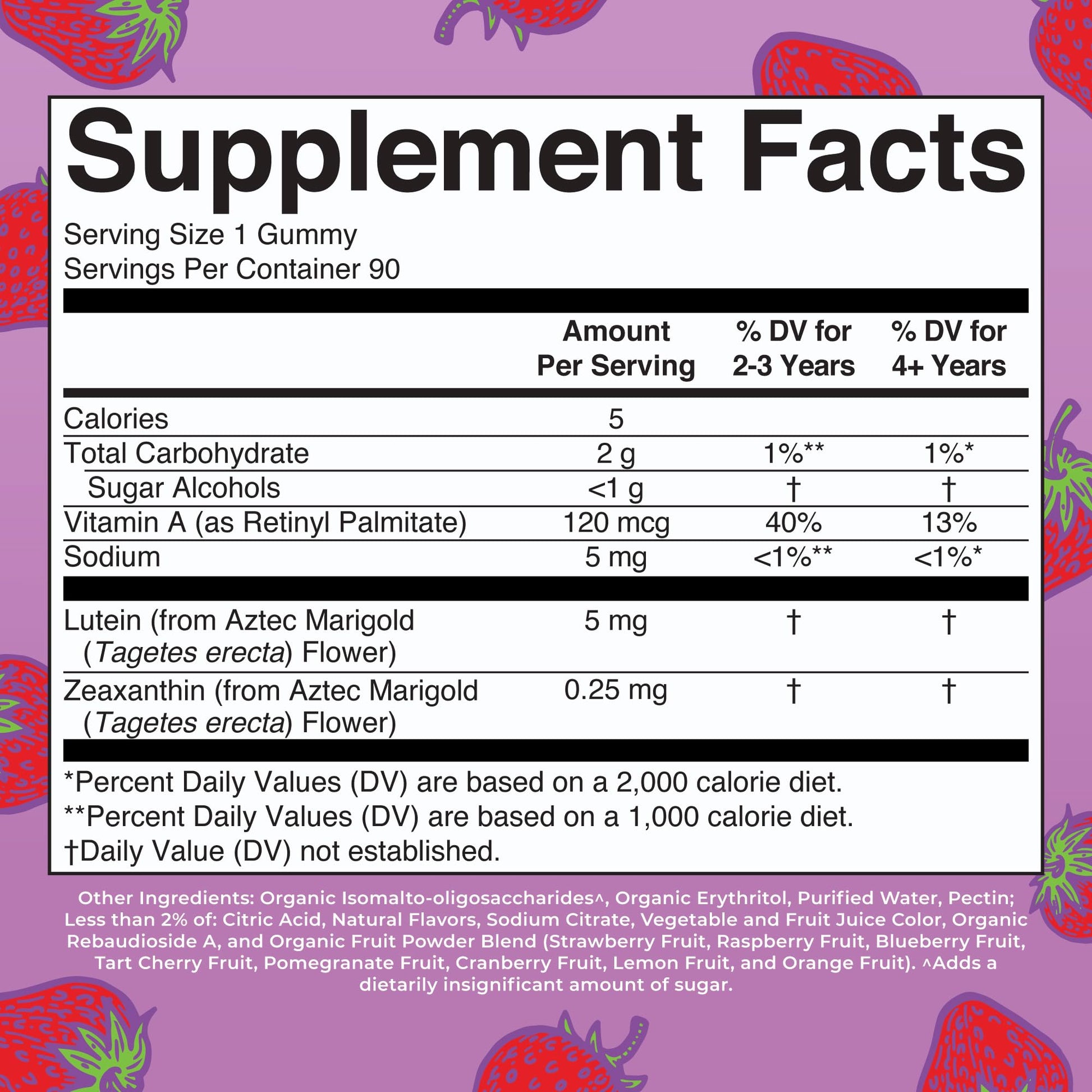 Strawberry flavored eye health gummies nutritional supplement bottle