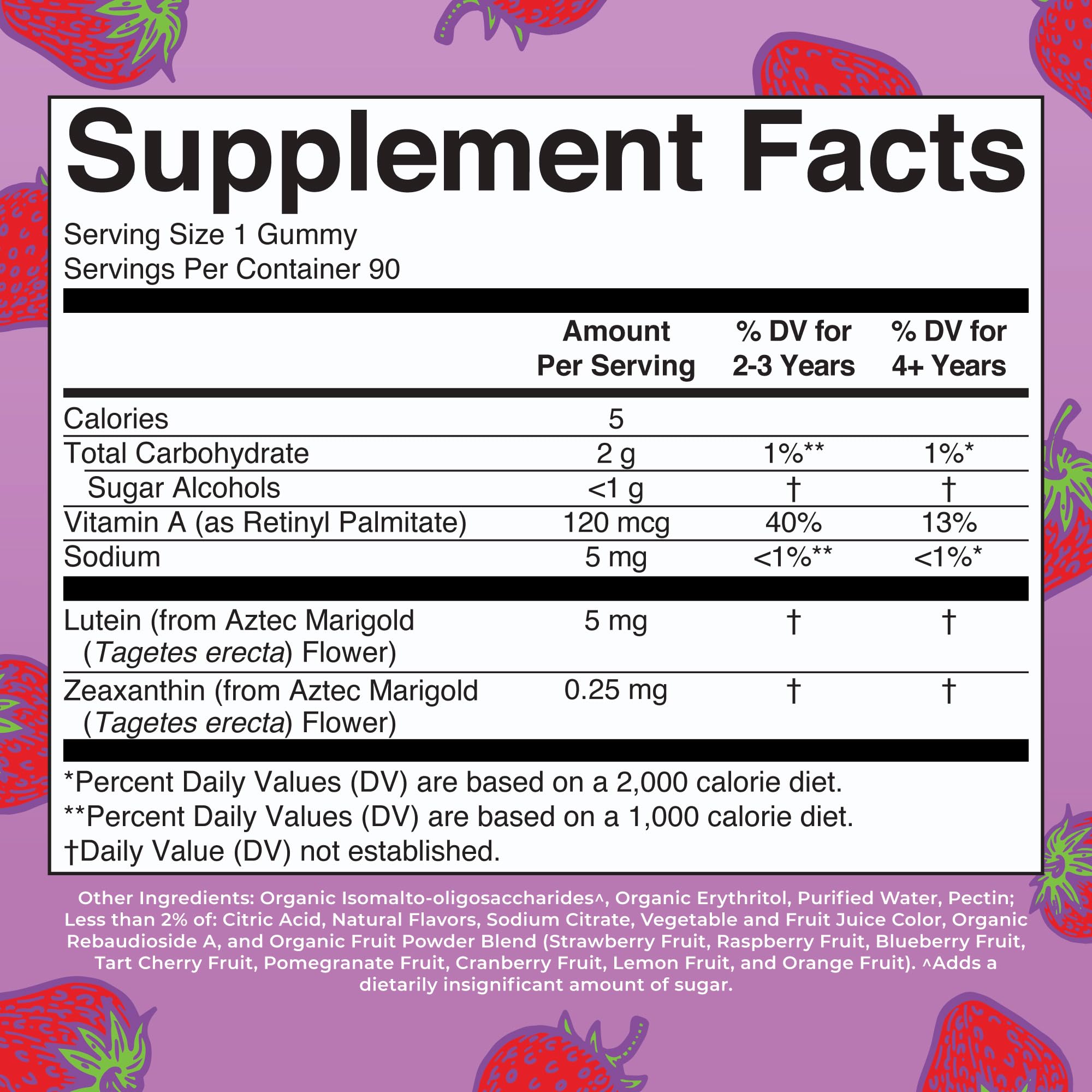 Strawberry flavored eye health gummies nutritional supplement bottle