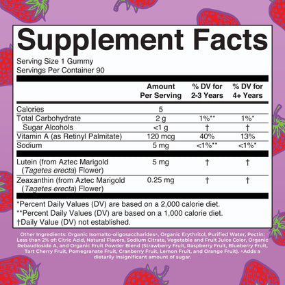 Strawberry flavored eye health gummies nutritional supplement bottle