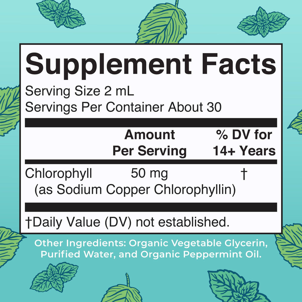 MaryRuth Organics mulberry derived chlorophyll drops packaging showing non-GMO and clean label certifications