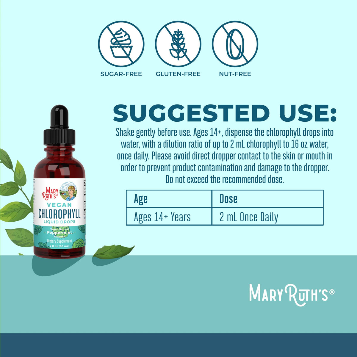 Liquid chlorophyll bottle with dropper top displaying the dark green antioxidant liquid