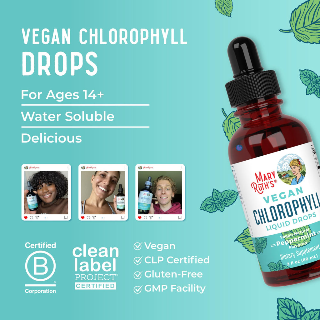 Full packaging view of MaryRuth Organics vegan liquid chlorophyll for skin and detox support