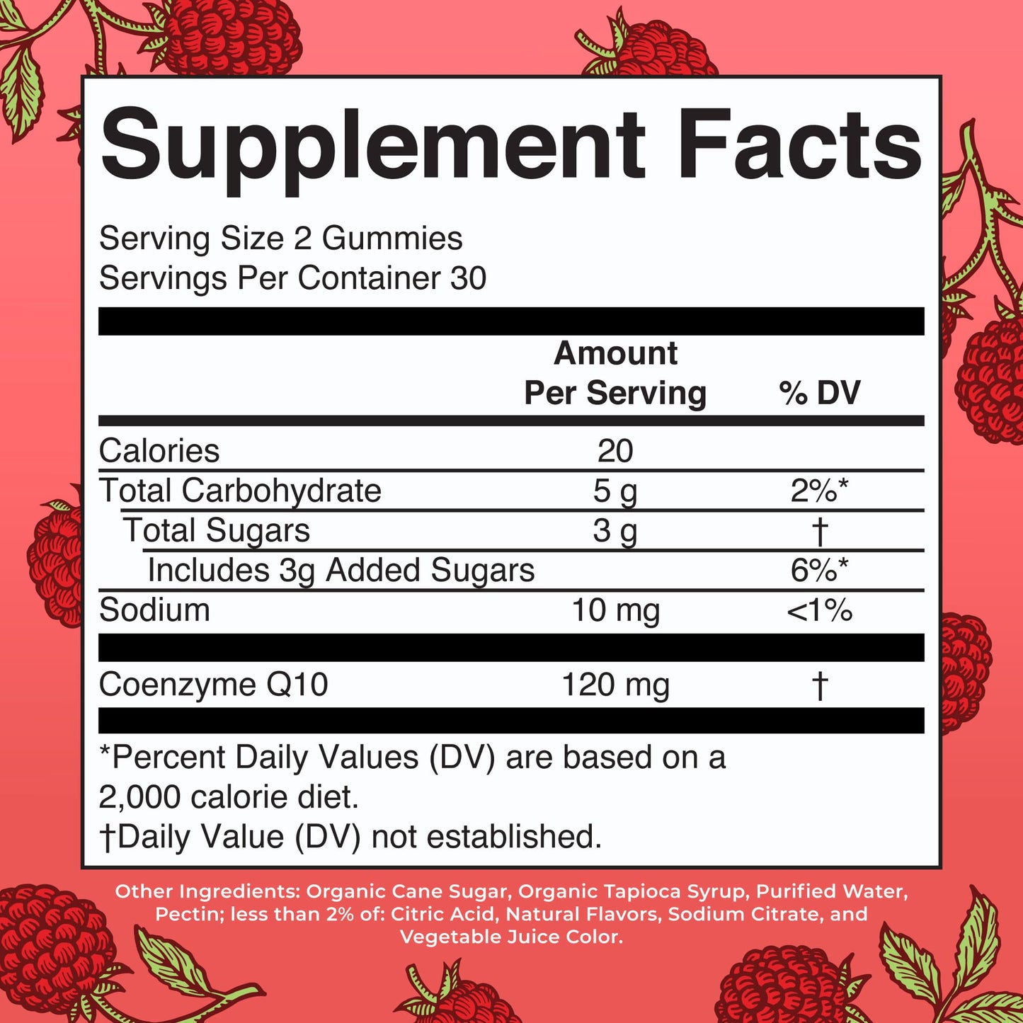 Nutritional facts and ingredient list for vegan Coenzyme Q10 supplement