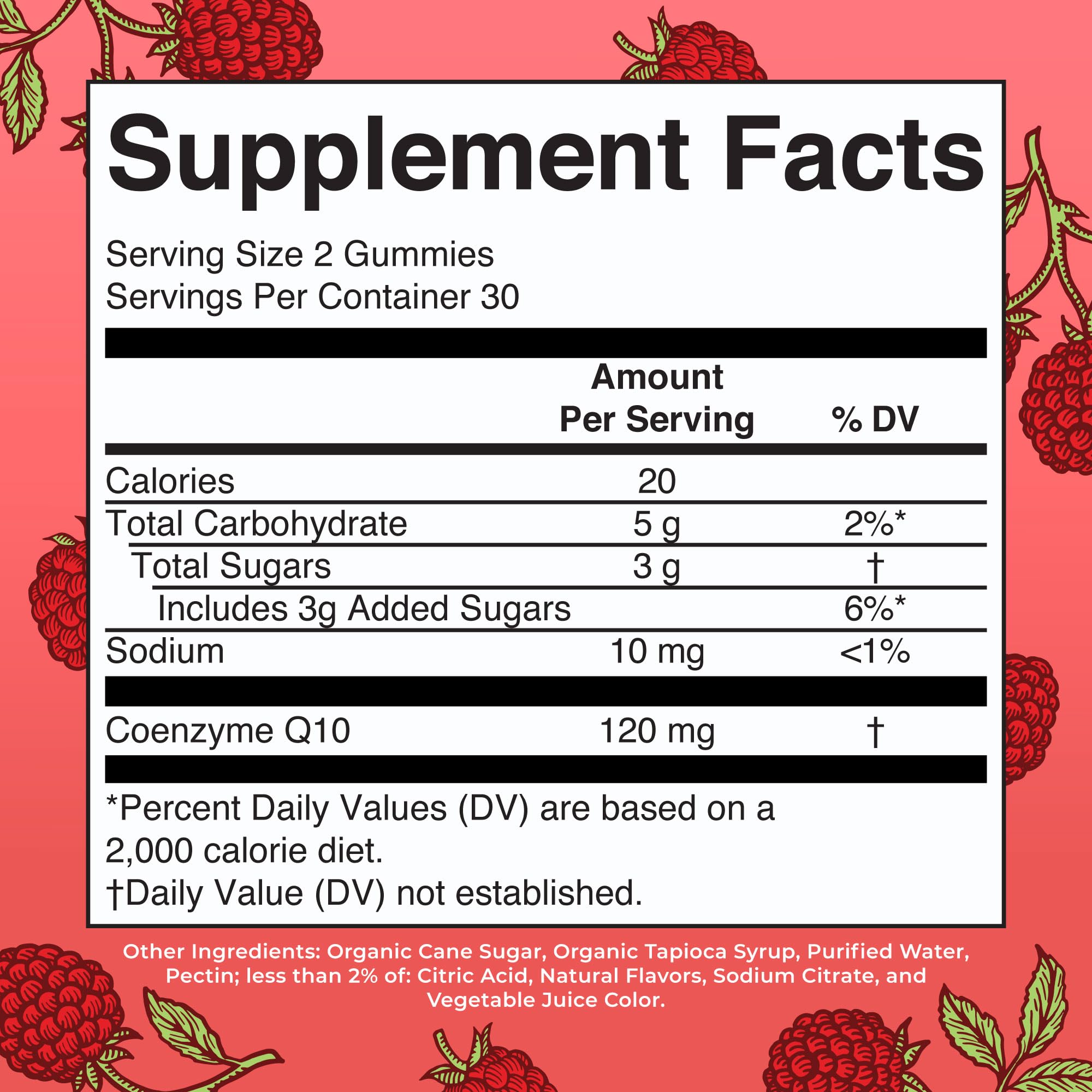 Nutritional facts and ingredient list for vegan Coenzyme Q10 supplement
