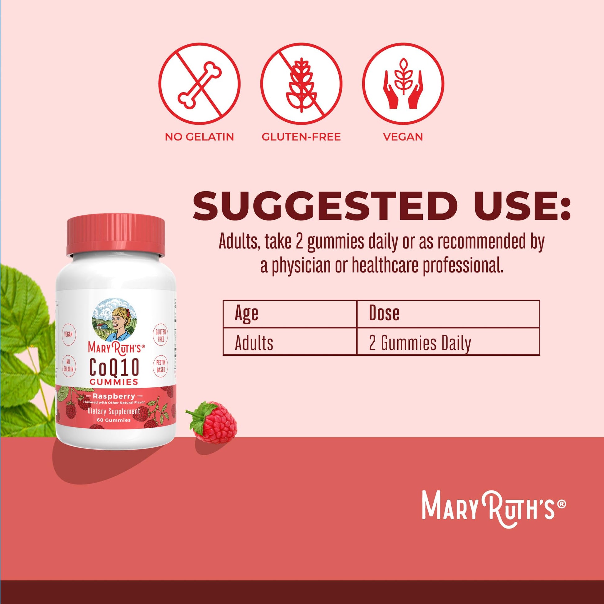 Two red raspberry flavored plant based heart health gummies