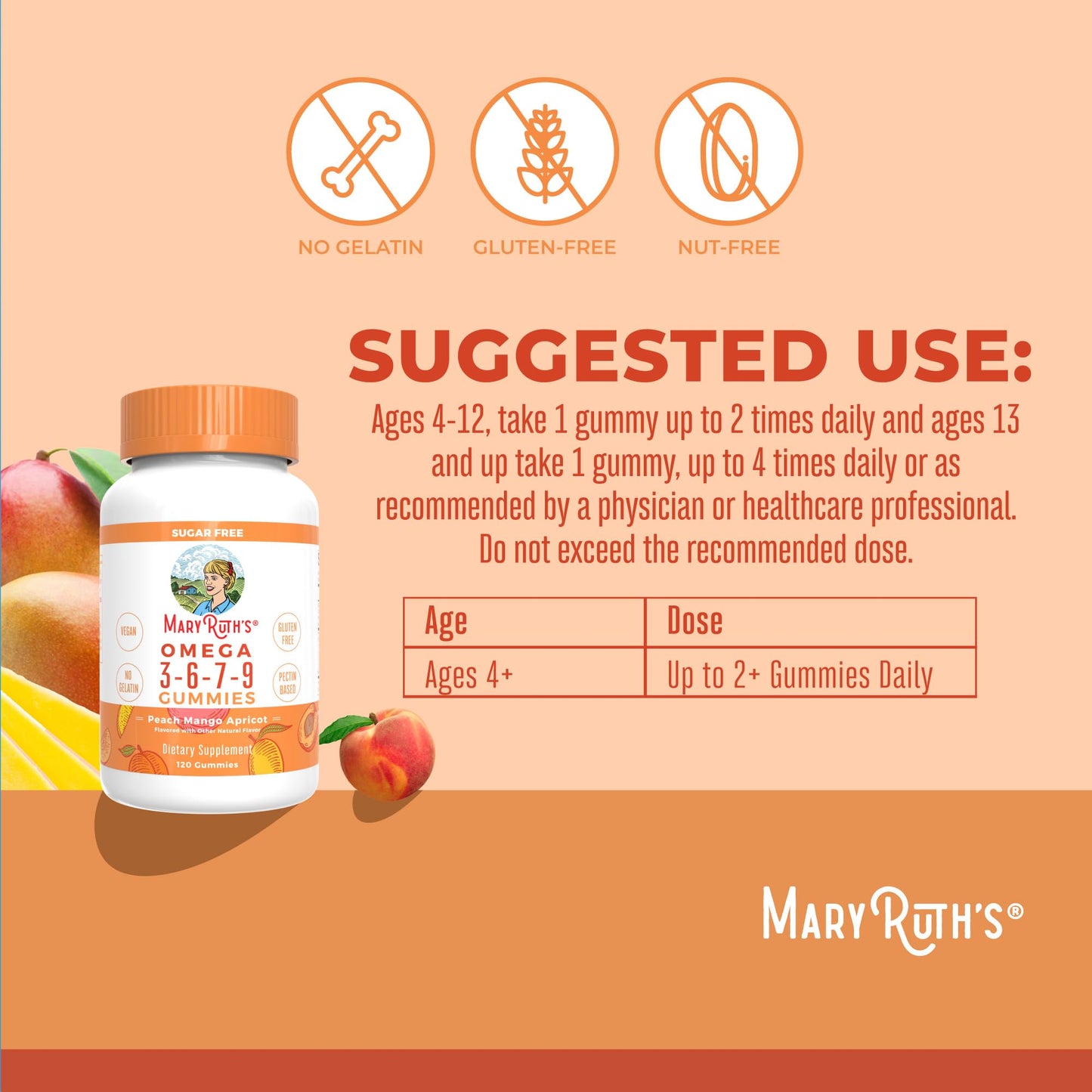 MaryRuth Organics sugar free peach mango apricot flavored wellness gummies displayed outside the bottle.