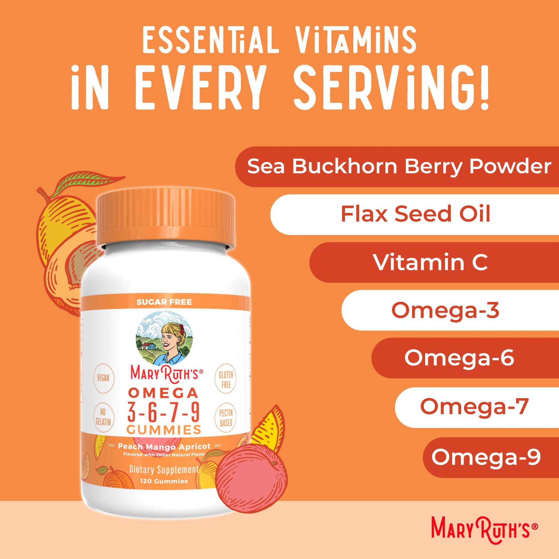 MaryRuth Organics adult daily omega multi fatty acid chewables container highlighting clean plant ingredients.