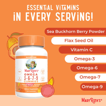 MaryRuth Organics adult daily omega multi fatty acid chewables container highlighting clean plant ingredients.
