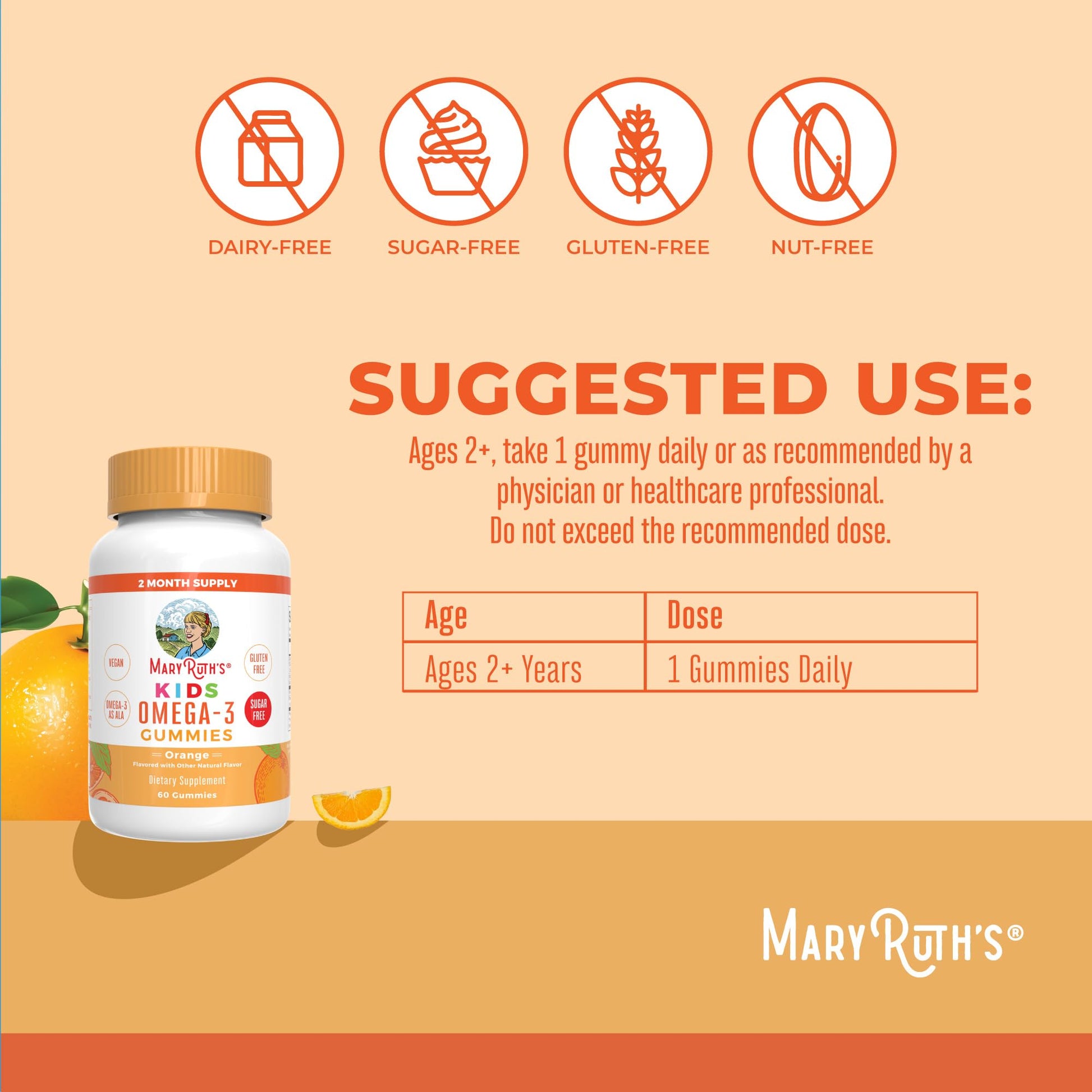 MaryRuth sugar free omega 3 orange flavored gummies close up shot