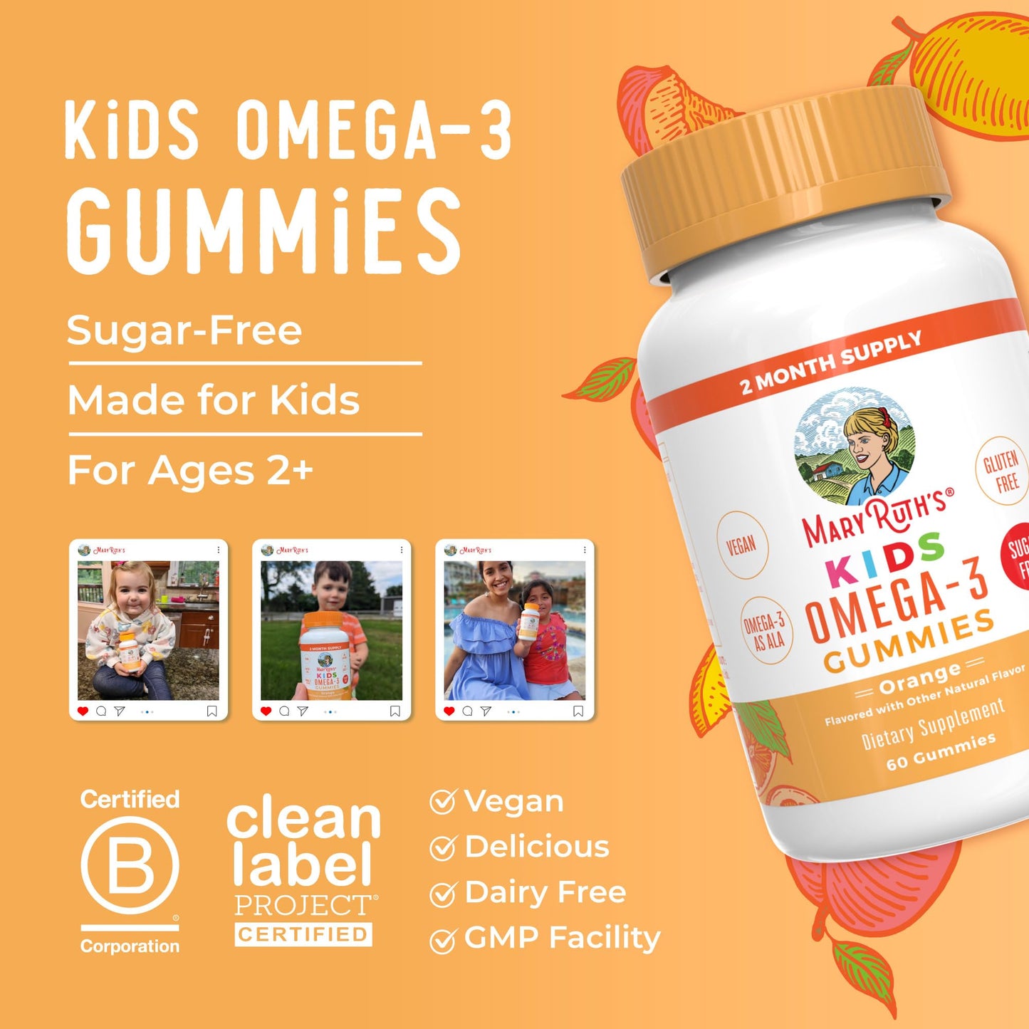 MaryRuth kids orange flavored plant omega three supplement 60 count bottle