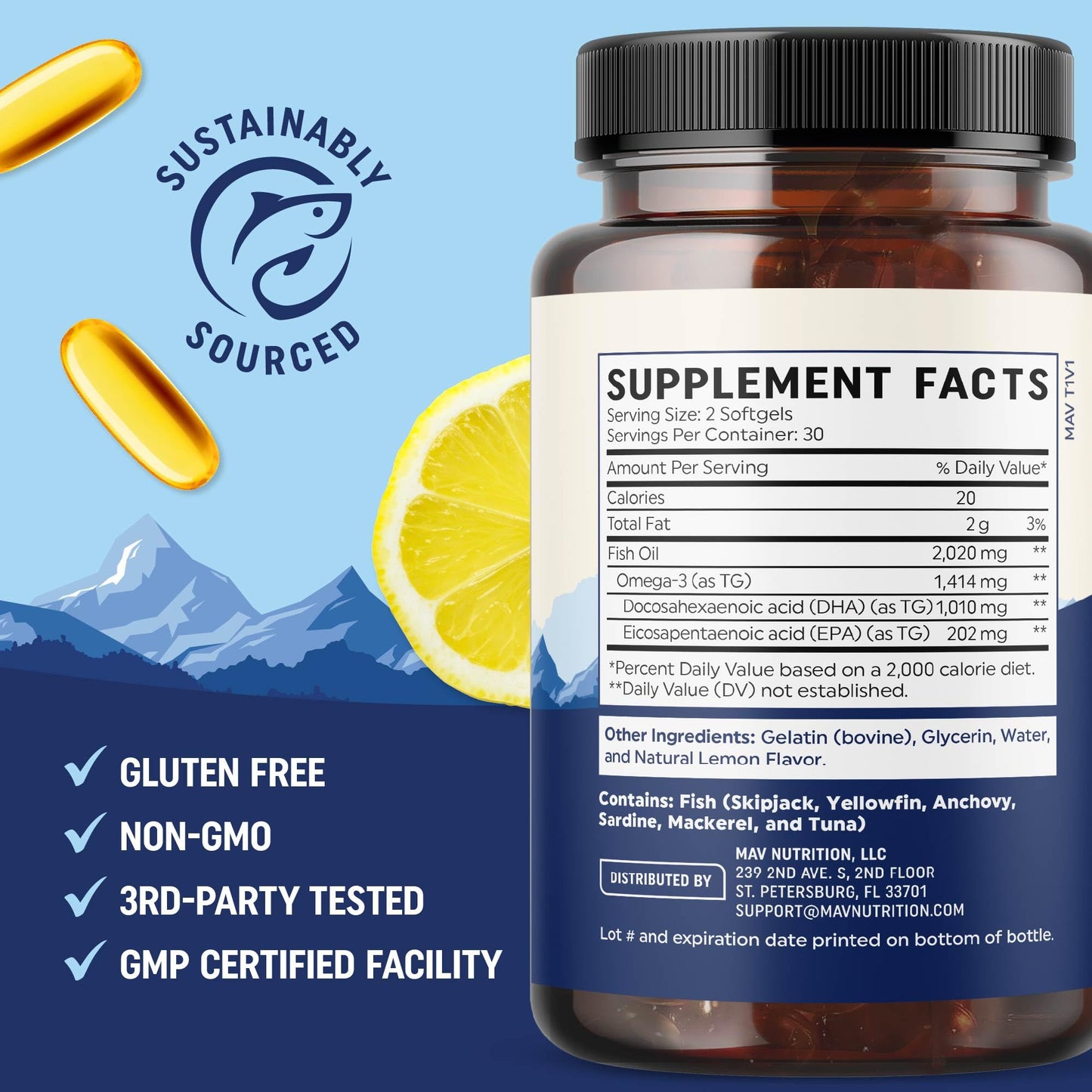 Third party tested high strength DHA fish oil softgels closeup