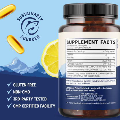 Third party tested high strength DHA fish oil softgels closeup