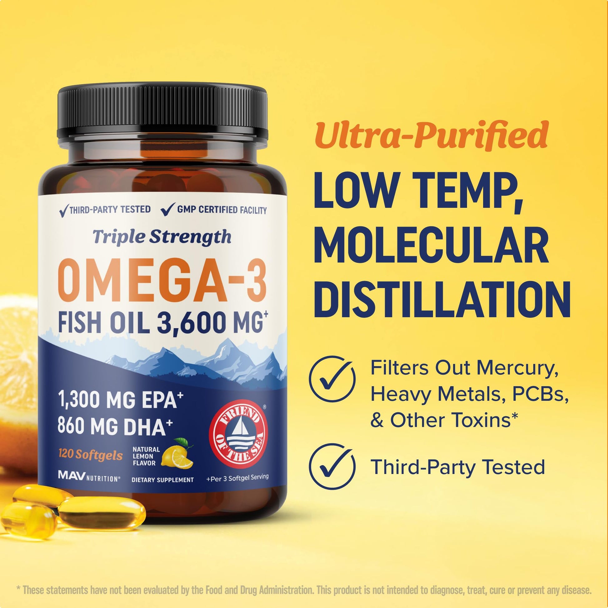 Close up view of the burpless lemon flavored Omega 3 fish oil capsules showing golden clarity